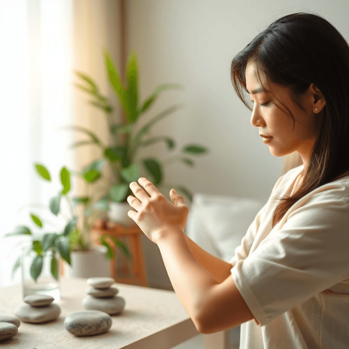 Personne massant doucement son bras dans une pièce calme et ensoleillée avec des plantes vertes et des pierres lisses, évoquant la relaxation et le...