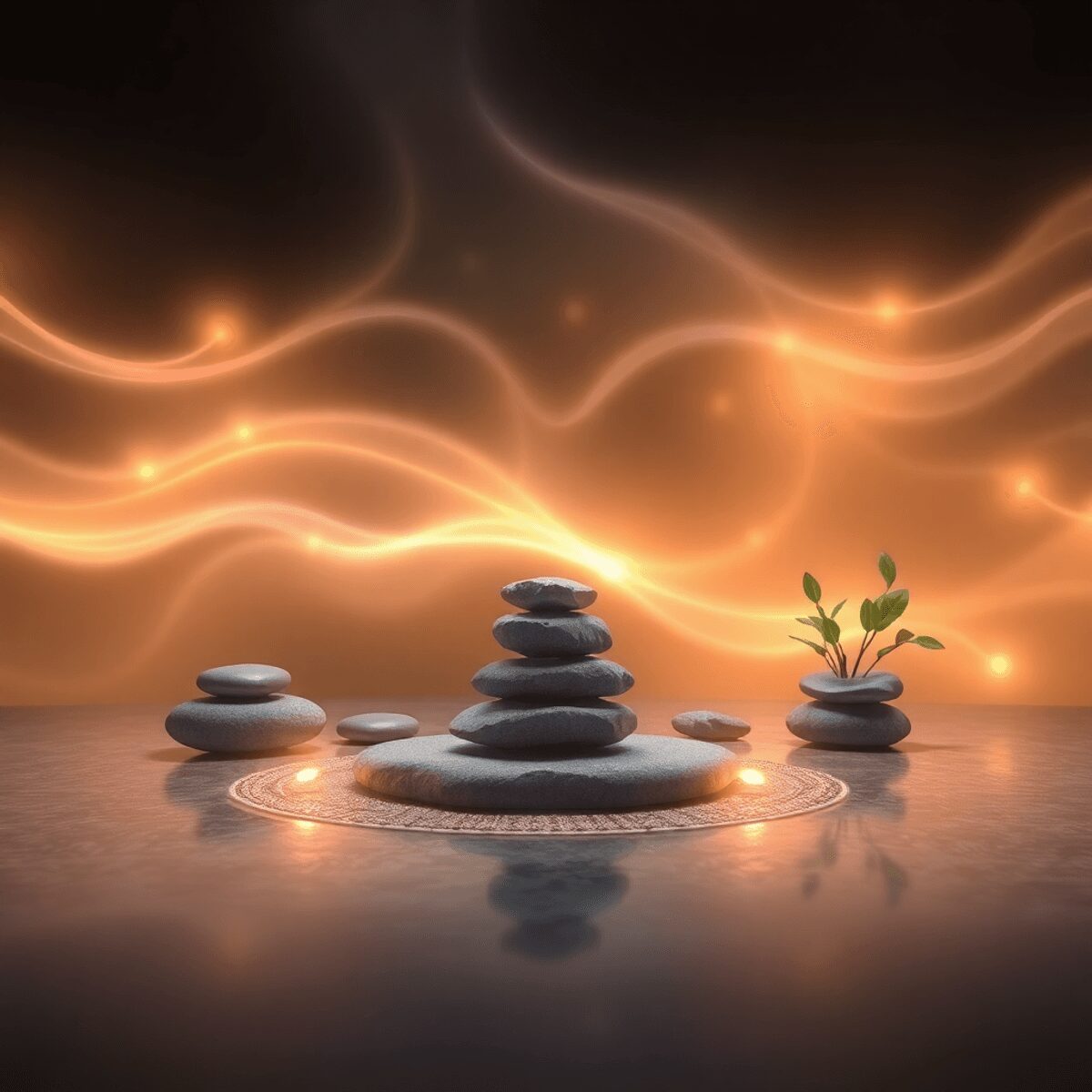 Intégrer la pleine conscience dans les soins énergétiques : méthodes simples pour débutants Un espace de méditation paisible avec des vagues d'énergie lumineuses, des pierres et des plantes symbolisant la pleine conscience et l'équilibre i...