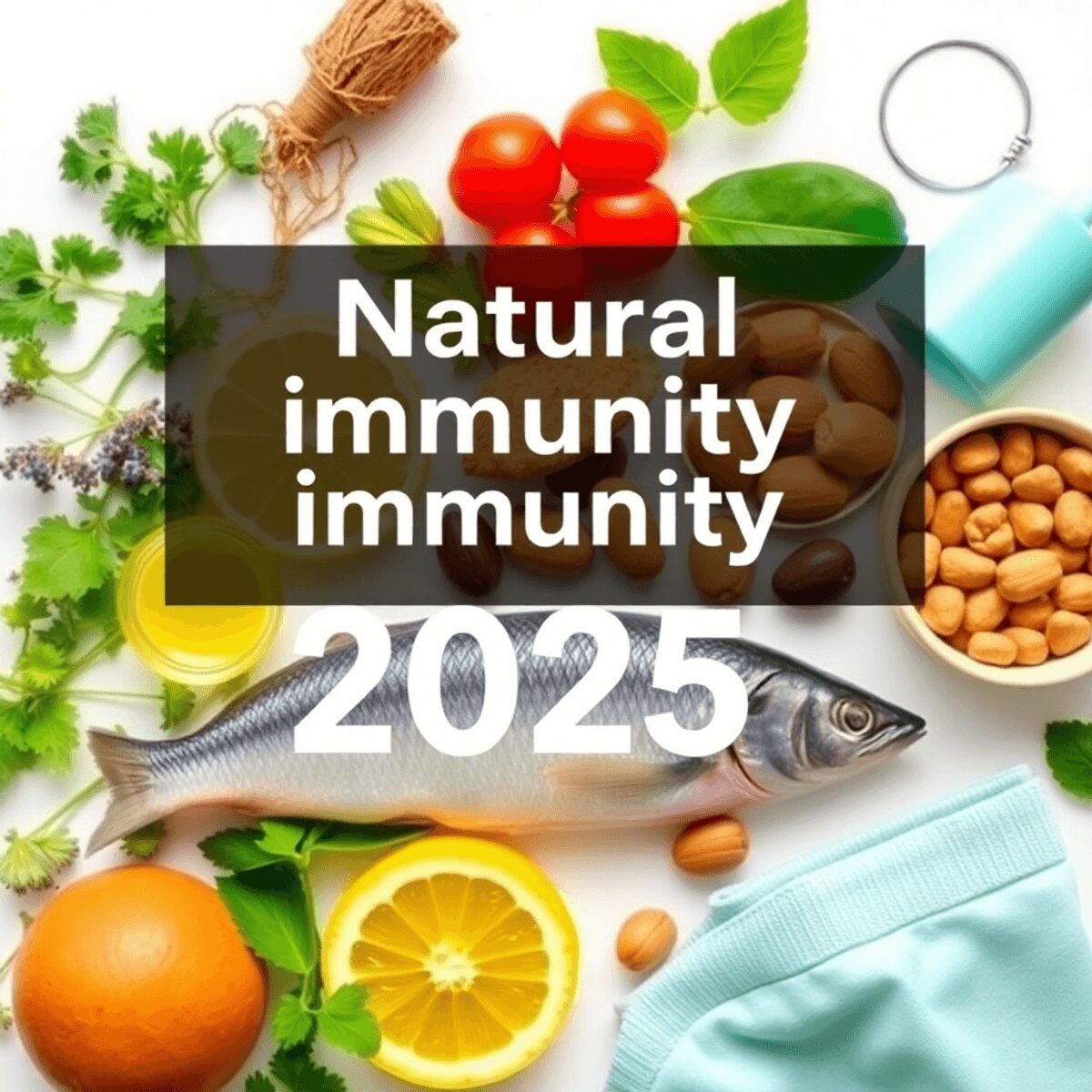 Une disposition vibrante d'herbes fraîches, de poisson, de noix, d'un dormeur paisible et d'équipements de sport sur un fond lumineux symbolisant l...