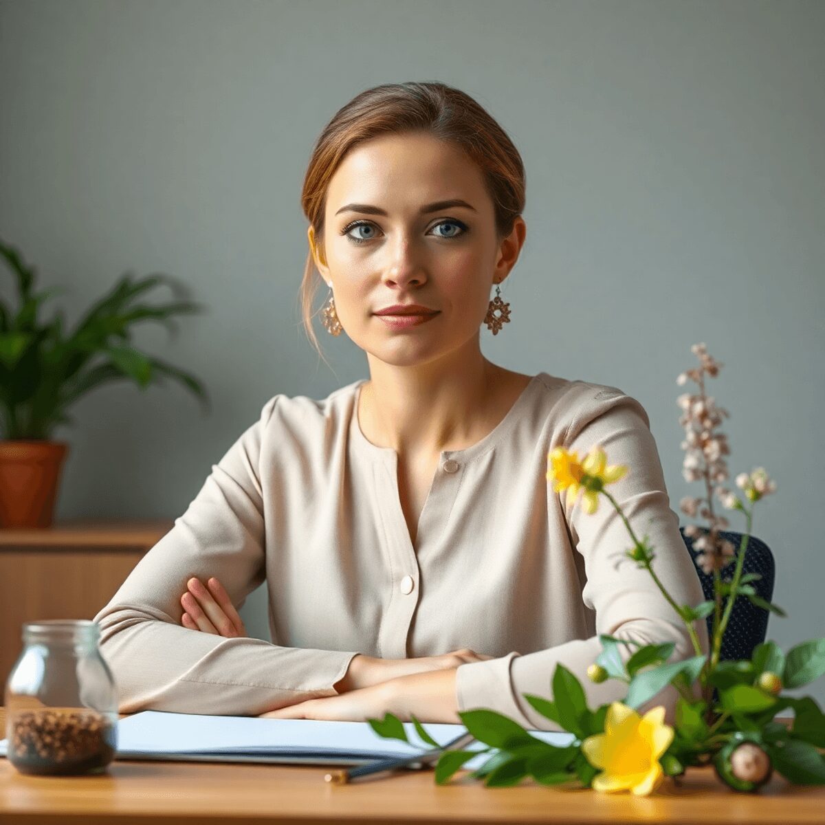 Une femme calme assise à un bureau avec des plantes herbacées naturelles comme le safran, le ginkgo biloba, la rhodiola rosea et la bacopa monnieri...