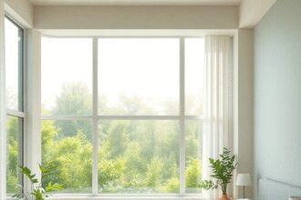Chambre ensoleillée avec de grandes fenêtres donnant sur un jardin verdoyant, présentant des couleurs pastel et un décor minimaliste pour une atmos...