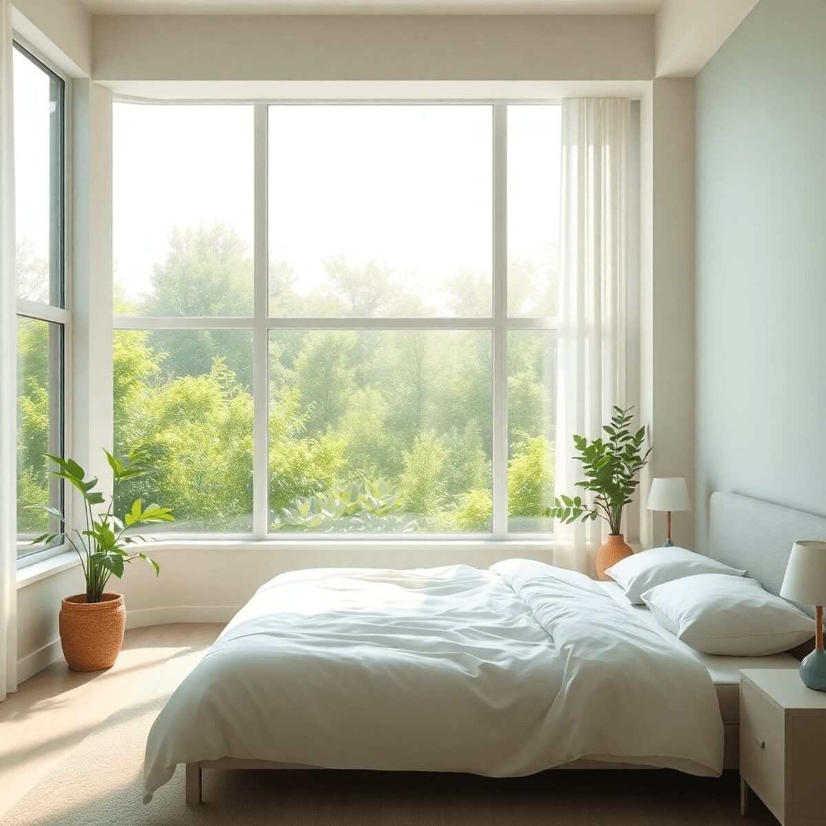 Chambre ensoleillée avec de grandes fenêtres donnant sur un jardin verdoyant, présentant des couleurs pastel et un décor minimaliste pour une atmos...