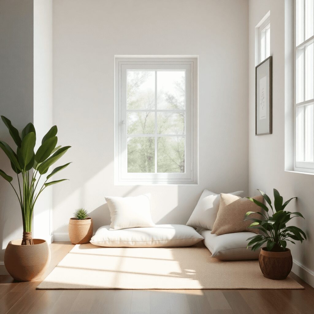 Coin de méditation cosy avec des coussins, des plantes et une douce lumière naturelle provenant d'une fenêtre, créant une atmosphère paisible et ap...
