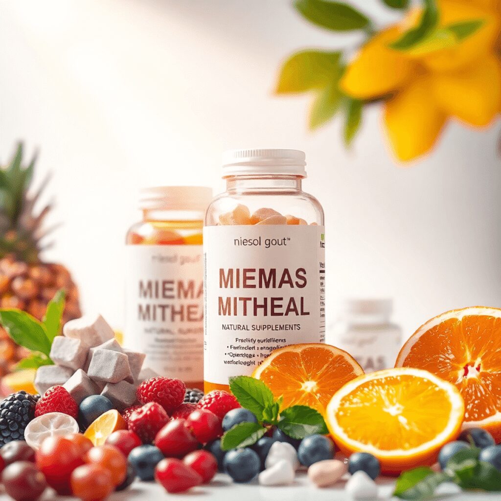 Le rôle des oligo-éléments dans l’énergie vitale et la prévention du burn-out Compléments minéraux naturels et fruits frais brillants doucement sur un fond clair, symbolisant la vitalité et l'énergie dans un style réaliste.