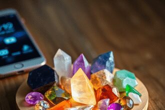 Des cristaux de guérison colorés brillent doucement sur du bois, avec un arrière-plan flou montrant des icônes de smartphone et de Wi-Fi symbolisan...