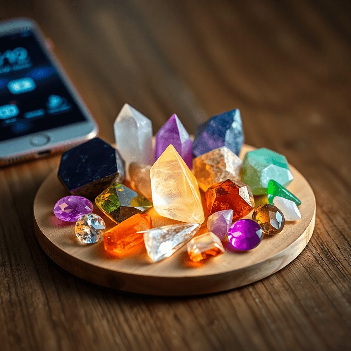 Des cristaux de guérison colorés brillent doucement sur du bois, avec un arrière-plan flou montrant des icônes de smartphone et de Wi-Fi symbolisan...