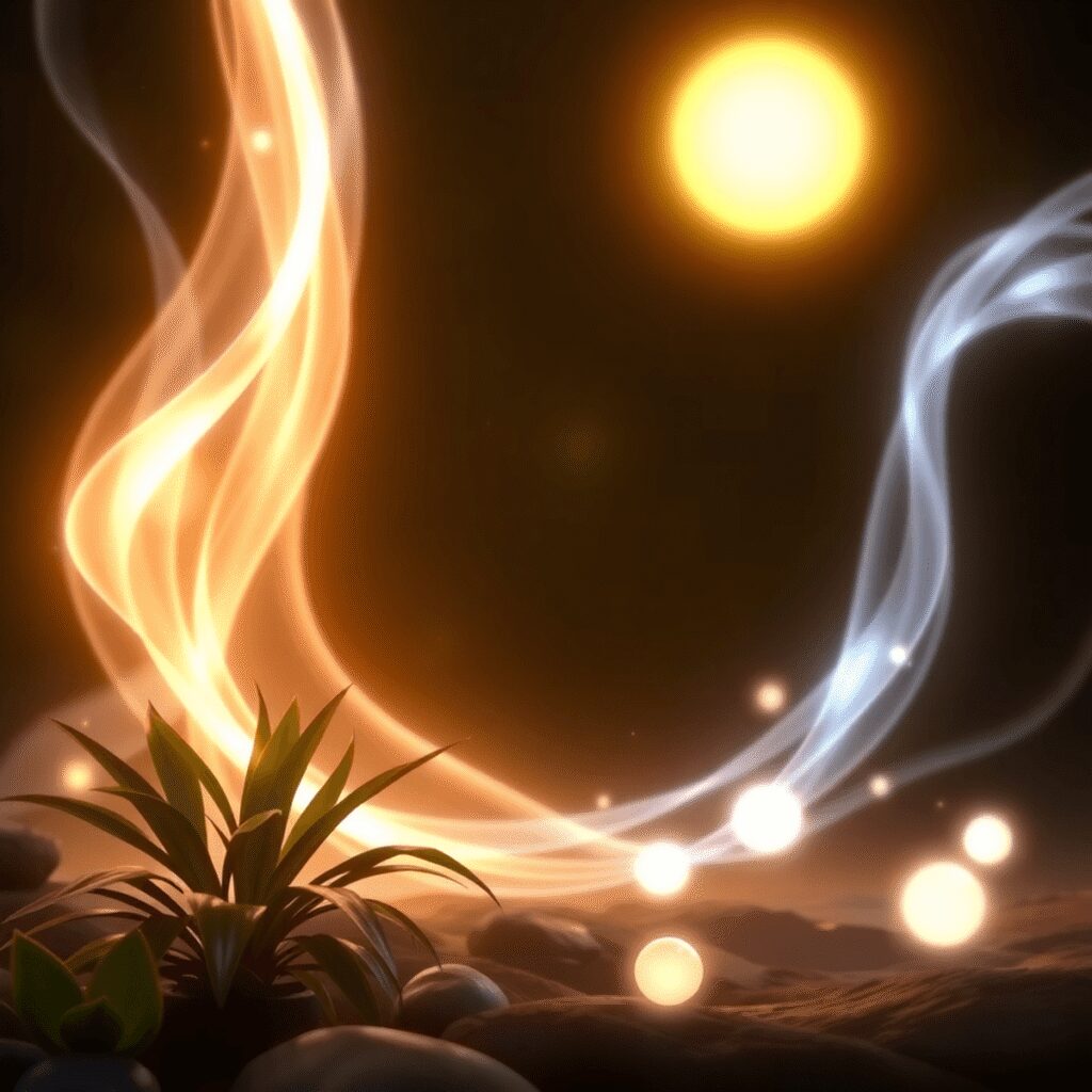 Comment choisir sa pratique énergétique : reiki, bioénergie ou access consciousness ? Des ondes d'énergie lumineuse et des flux de lumière entourent des plantes apaisantes et des orbes lumineux doux, symbolisant la guérison, le rajeu...