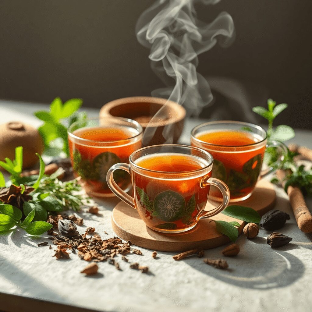 Recettes de tisanes détoxifiantes adaptées selon votre profil énergétique individuel Des tasses de thé herbal fumant entourées d'herbes ayurvédiques fraîches et d'ingrédients naturels, doucement éclairées pour évoquer le calme et l'...