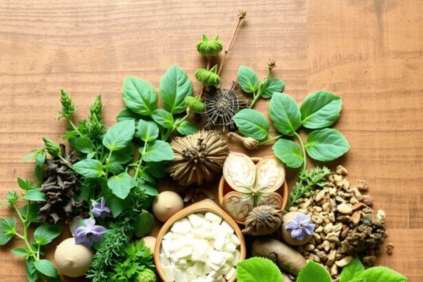 Diverses herbes et plantes adaptogènes disposées sur une surface en bois avec des tons verts doux et terreux, évoquant un soulagement naturel du st...