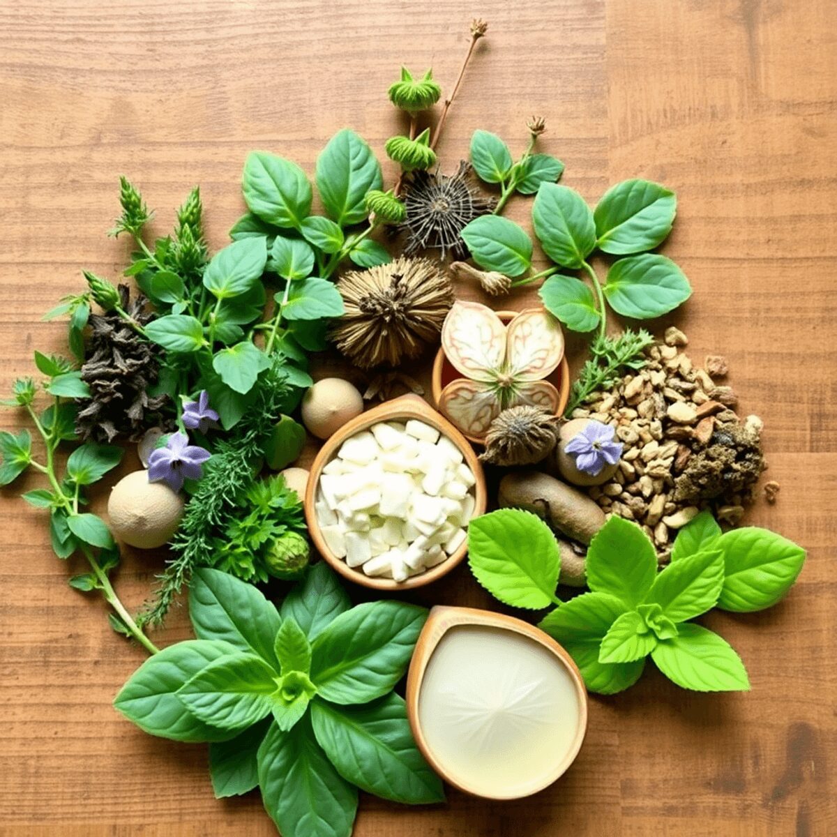 Diverses herbes et plantes adaptogènes disposées sur une surface en bois avec des tons verts doux et terreux, évoquant un soulagement naturel du st...