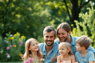 Famille de quatre personnes profitant d'un pique-nique sain en plein air, entourée de fleurs, d'herbes et de pots de miel, symbolisant le bien-être...