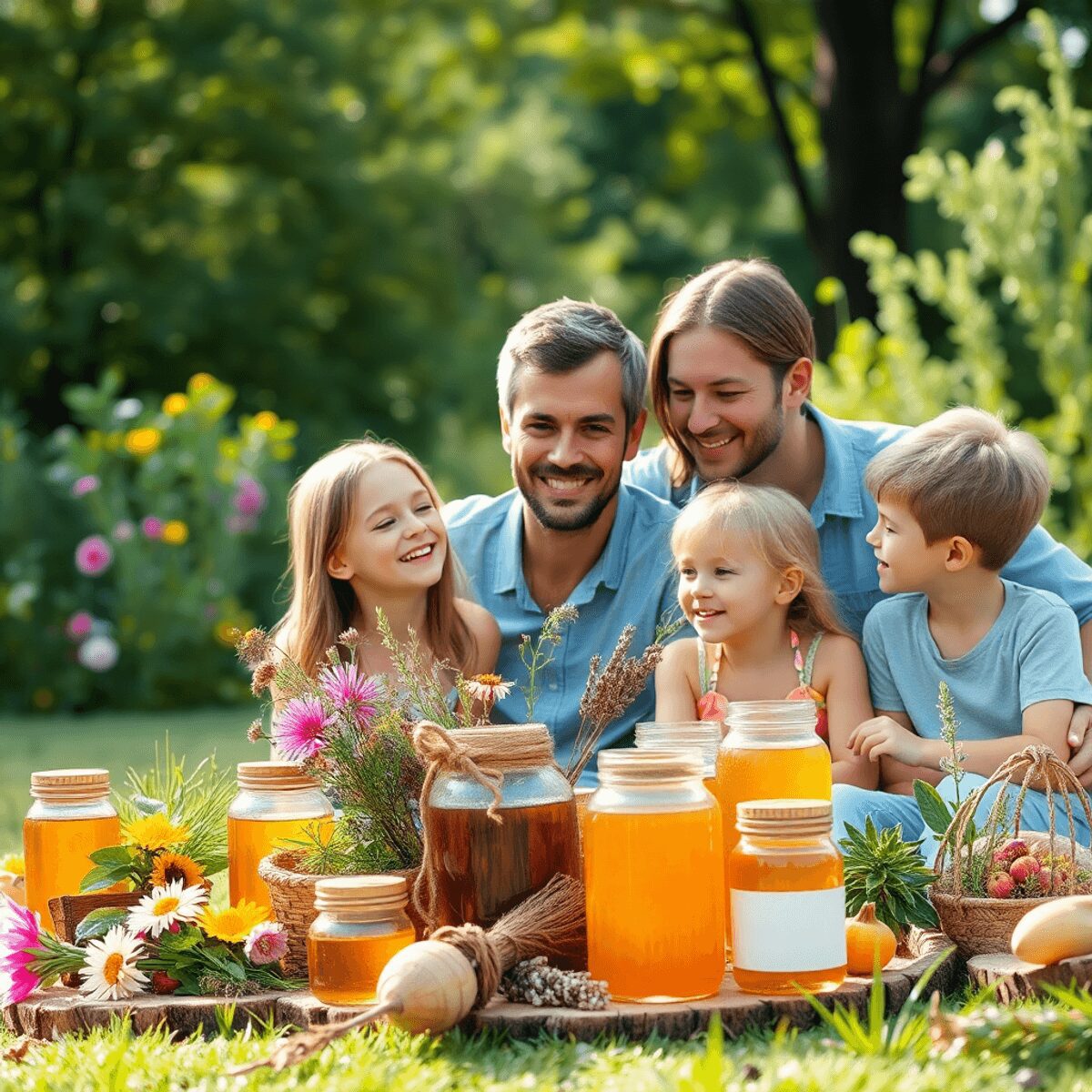 Famille de quatre personnes profitant d'un pique-nique sain en plein air, entourée de fleurs, d'herbes et de pots de miel, symbolisant le bien-être...