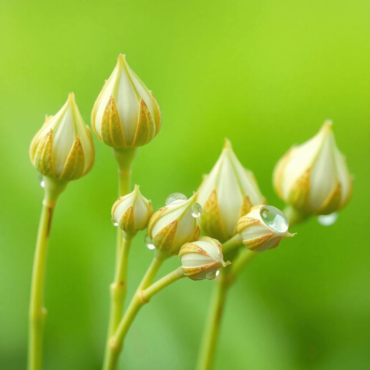 Gros plan de bourgeons de plantes fraîches avec des gouttes de rosée sur des jeunes pousses, contre un fond vert doux, symbolisant les extraits de ...