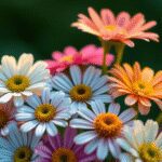 Gros plan de fleurs colorées s'épanouissant doucement, illuminées par une lumière douce, sur un fond vert flou et calme, symbolisant l'équilibre et...