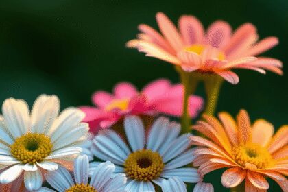 Gros plan de fleurs colorées s'épanouissant doucement, illuminées par une lumière douce, sur un fond vert flou et calme, symbolisant l'équilibre et...