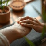 Gros plan sur des mains appliquant doucement de l'acupression sur un poignet, avec une lumière naturelle douce et des feuilles vertes en arrière-pl...