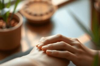 Gros plan sur des mains appliquant doucement de l'acupression sur un poignet, avec une lumière naturelle douce et des feuilles vertes en arrière-pl...