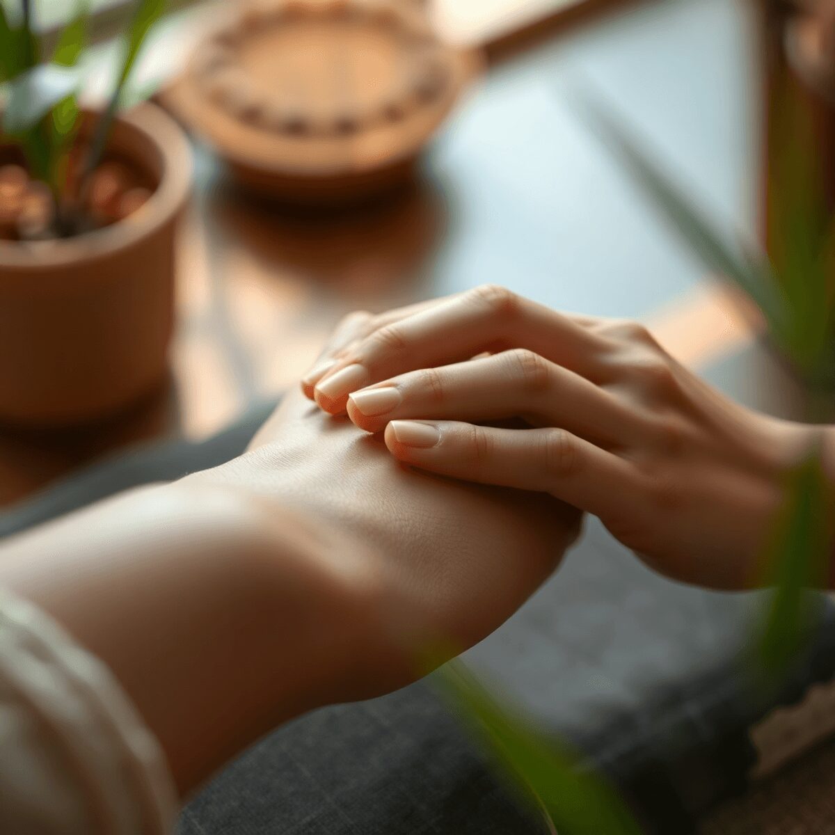 Gros plan sur des mains appliquant doucement de l'acupression sur un poignet, avec une lumière naturelle douce et des feuilles vertes en arrière-pl...