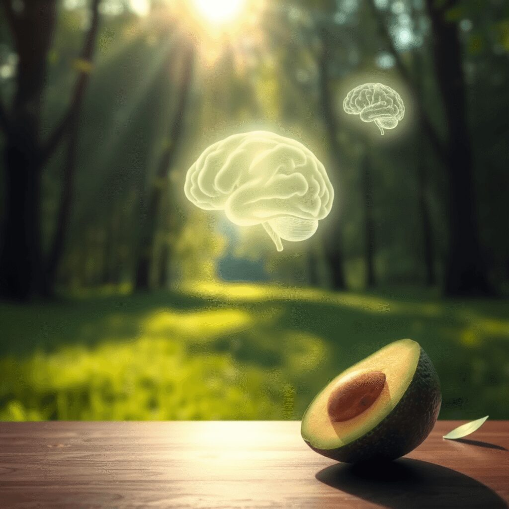 Comment utiliser la visualisation mentale pour accélérer la guérison naturelle La lumière du soleil filtre à travers les arbres sur un avocat avec des images de cerveau lumineux, symbolisant la nutrition et la guérison mentale...