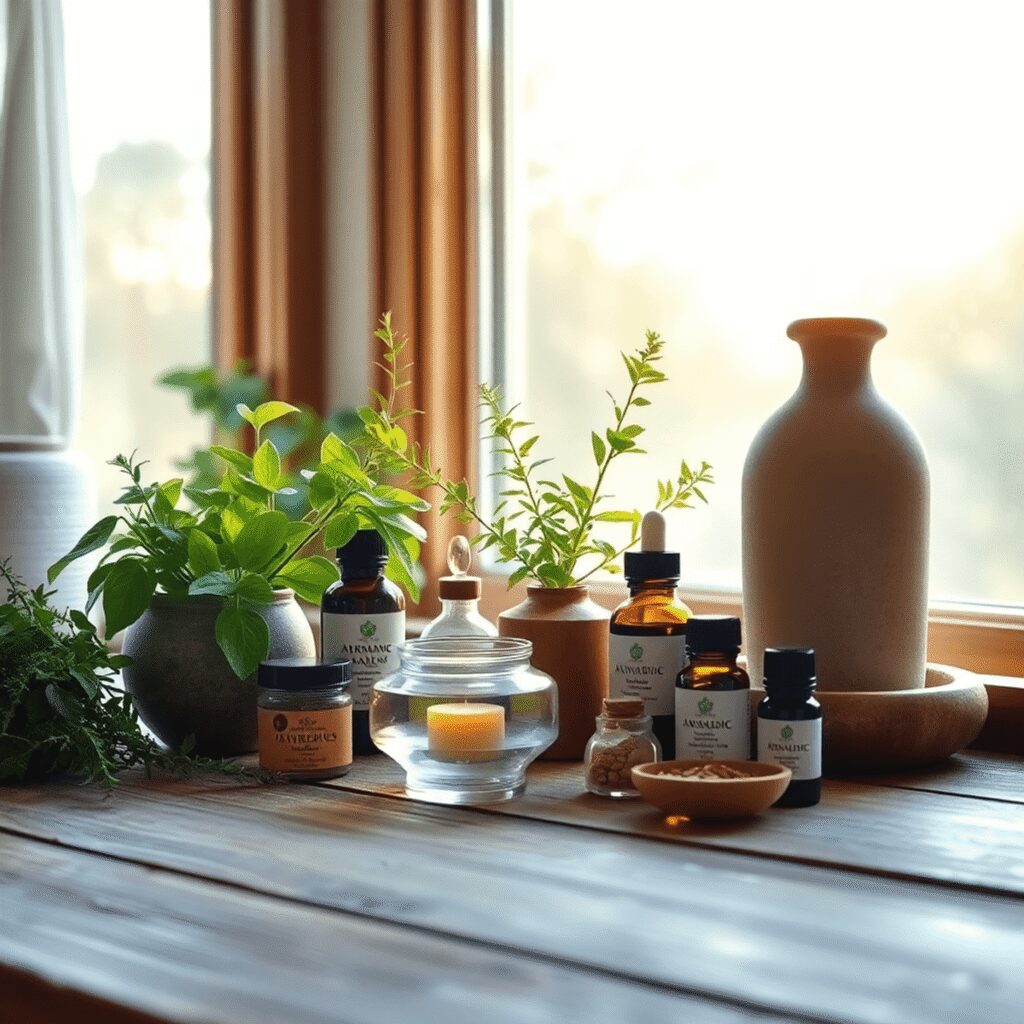 Routine matinale holistique : comment bien commencer sa journée avec les soins naturels La lumière du soleil filtre à travers une fenêtre sur une table en bois ornée de plantes aromatiques, d'huiles essentielles et d'articles ayurvédiq...