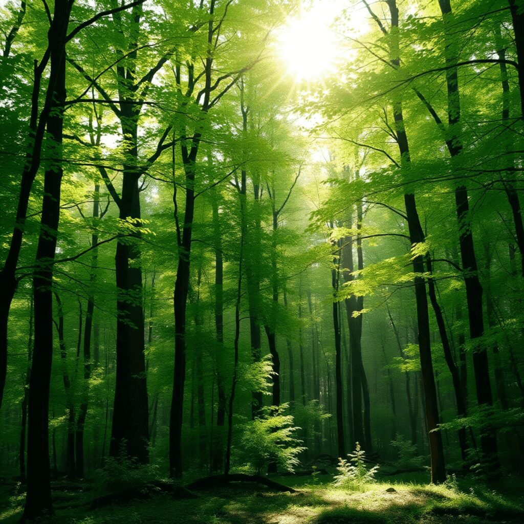 Comment intégrer les bains de forêt (shinrin-yoku) dans une routine bien-être urbaine La lumière du soleil filtre doucement à travers de luxuriants arbres verts dans une forêt sereine, créant une atmosphère calme et relaxante symboli...