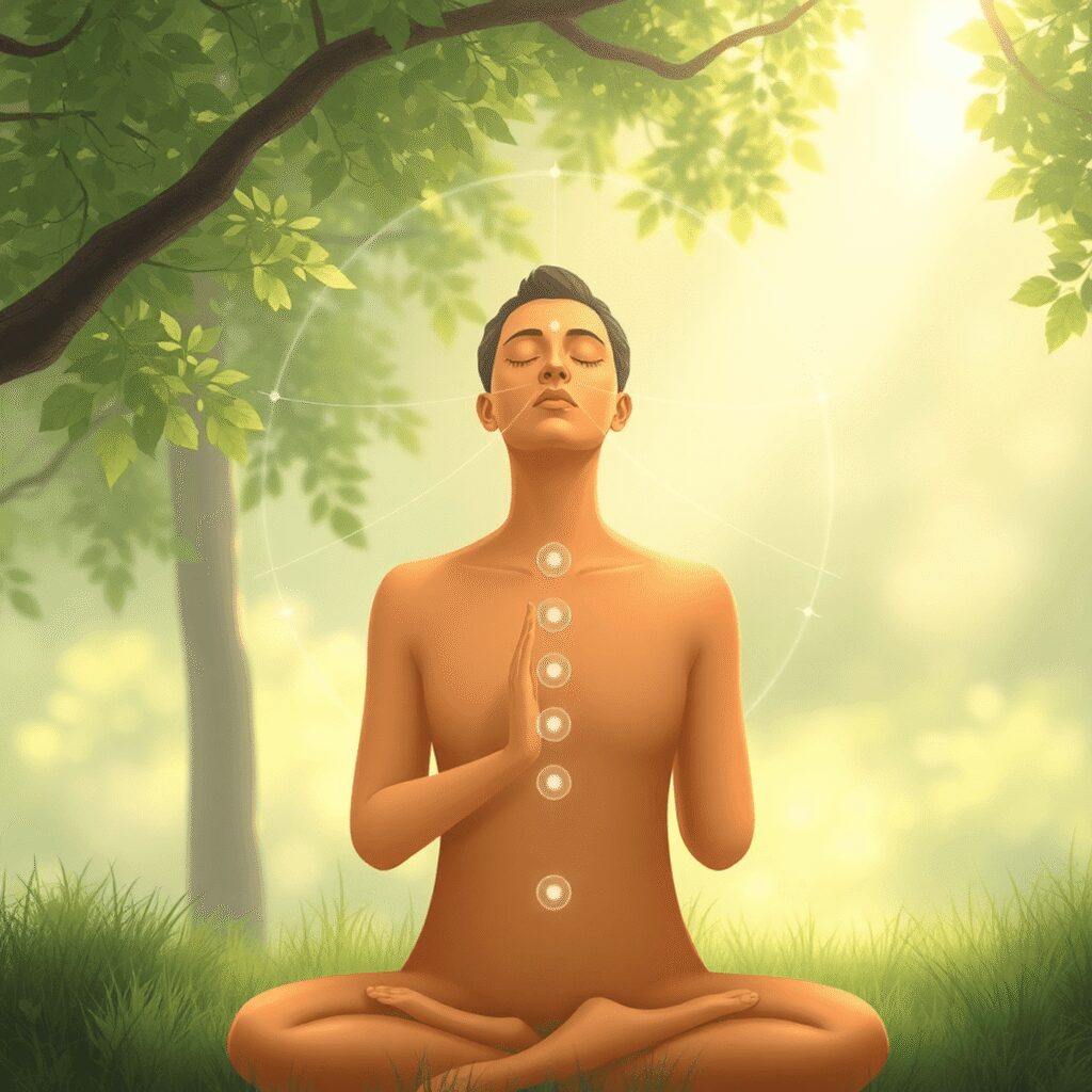 La respiration alternée : une technique ancestrale revisitée pour 2025 Personne pratiquant la respiration alternée par les narines à l'extérieur, entourée d'une lumière douce et de lignes de flux d'énergie subtiles dan...