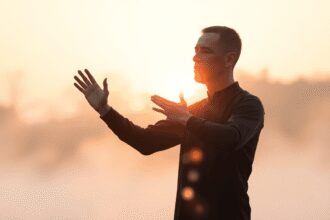 Personne pratiquant le Qi Gong en plein air au lever du soleil avec une légère brume et des lignes lumineuses illustrant l'énergie fluide autour de...