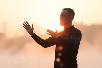 Personne pratiquant le Qi Gong en plein air au lever du soleil avec une légère brume et des lignes lumineuses illustrant l'énergie fluide autour de...
