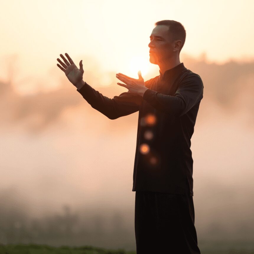 Personne pratiquant le Qi Gong en plein air au lever du soleil avec une légère brume et des lignes lumineuses illustrant l'énergie fluide autour de...