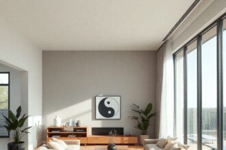 Salon moderne avec des meublesek minimalist,imm ceint d'une lumière naturelle, de coussins doux et de plantes symbolisant l'équilibre du...