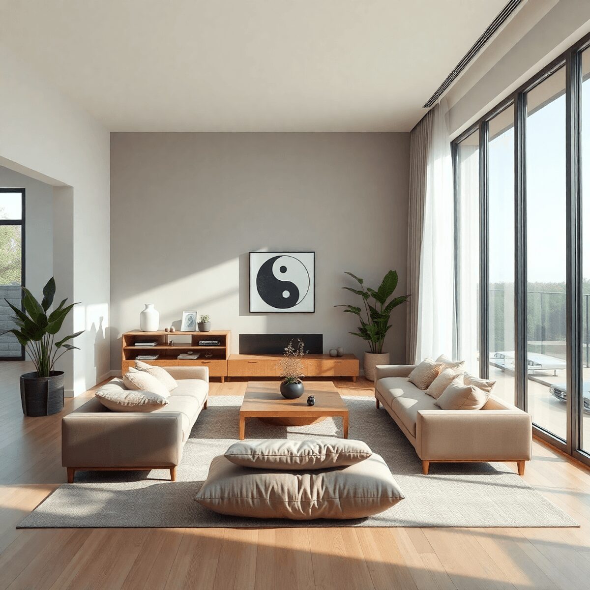 Salon moderne avec des meublesek minimalist,imm ceint d'une lumière naturelle, de coussins doux et de plantes symbolisant l'équilibre du...