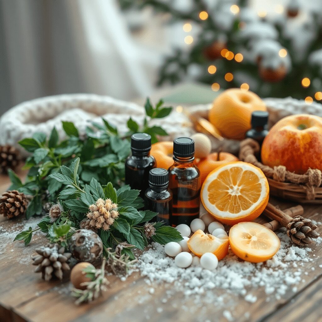 Scène d'hiver confortable avec des plantes aromatiques, des huiles essentielles et des fruits frais disposés sur une table en bois sous un éclairag...