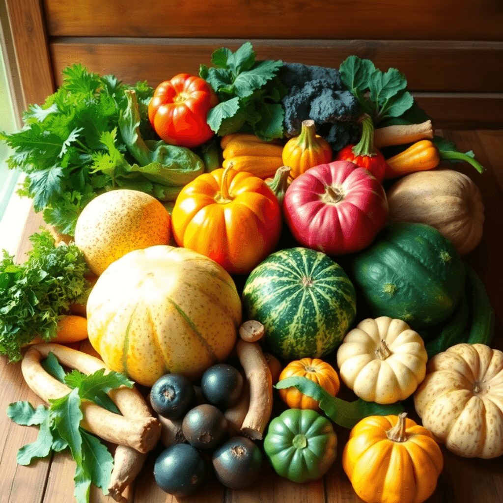 Adapter son alimentation aux saisons selon la naturopathie moderne Un affichage coloré de fruits et légumes de saison sur une table en bois rustique, éclairée par la lumière naturelle du soleil, mettant en valeur d...