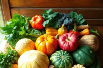 Un affichage coloré de fruits et légumes de saison sur une table en bois rustique, éclairée par la lumière naturelle du soleil, mettant en valeur d...