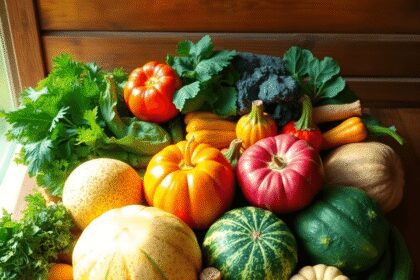 Un affichage coloré de fruits et légumes de saison sur une table en bois rustique, éclairée par la lumière naturelle du soleil, mettant en valeur d...