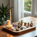 Un autel domestique serein avec des bougies, des cristaux, de petites plantes et des objets spirituels sur une table en bois, baigné d'une douce lu...