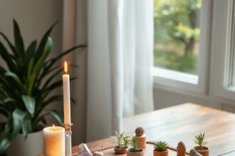 Un autel domestique serein avec des bougies, des cristaux, de petites plantes et des objets spirituels sur une table en bois, baigné d'une douce lu...