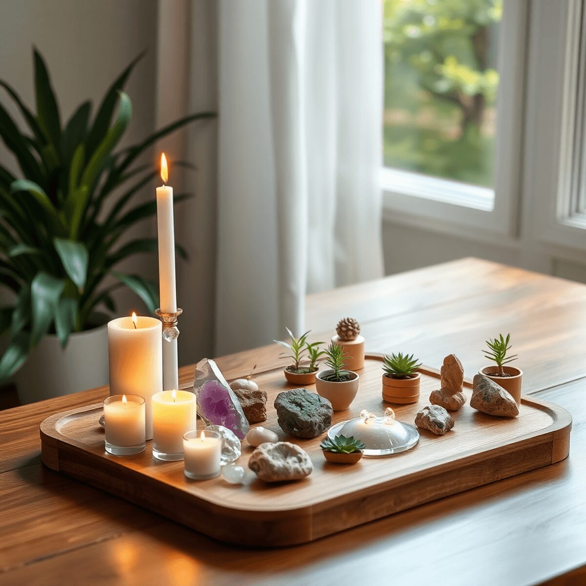 Un autel domestique serein avec des bougies, des cristaux, de petites plantes et des objets spirituels sur une table en bois, baigné d'une douce lu...