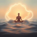 Une figure calme méditant entourée d'ondes d'énergie fluide dans des couleurs chaudes et douces symbolisant l'équilibre et l'énergie vitale.