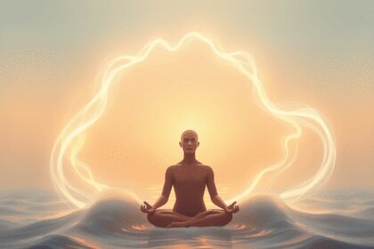 Une figure calme méditant entourée d'ondes d'énergie fluide dans des couleurs chaudes et douces symbolisant l'équilibre et l'énergie vitale.
