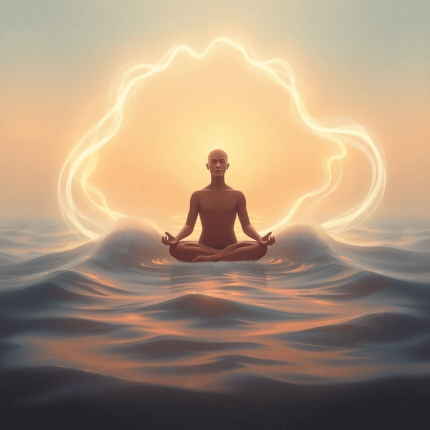 L'intelligence émotionnelle développée par les soins énergétiques : mode d'emploi étape par étape Une figure calme méditant entourée d'ondes d'énergie fluide dans des couleurs chaudes et douces symbolisant l'équilibre et l'énergie vitale.