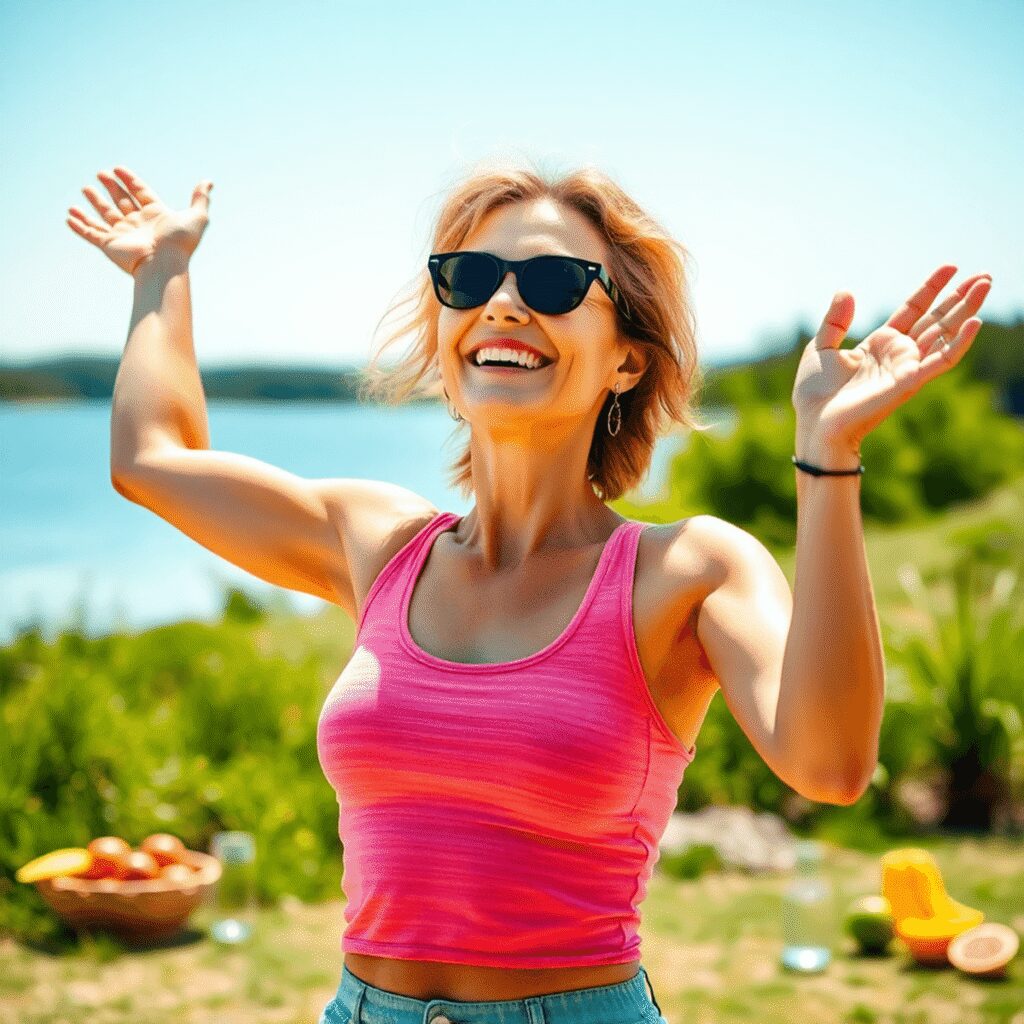 Une image vibrante d'une femme en bonne santé dans la quarantaine à l'extérieur, entourée de fruits frais, d'eau et de lumière du soleil, symbolisa...