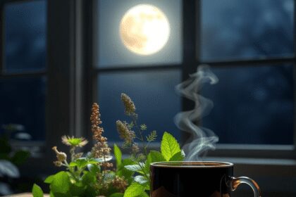 Une scène nocturne avec des plantes adaptogènes et une tasse de thé aux herbes fumante sur une table en bois, baignée d'une douce lumière lunaire à...