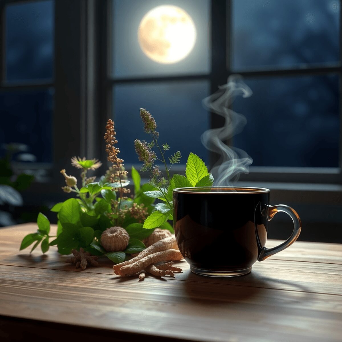 Une scène nocturne avec des plantes adaptogènes et une tasse de thé aux herbes fumante sur une table en bois, baignée d'une douce lumière lunaire à...