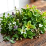 Une table en bois avec diverses plantes médicinales et herbes baignées de douce lumière du soleil, présentant des feuilles vert vif et des fleurs d...