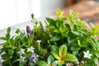 Une table en bois avec diverses plantes médicinales et herbes baignées de douce lumière du soleil, présentant des feuilles vert vif et des fleurs d...