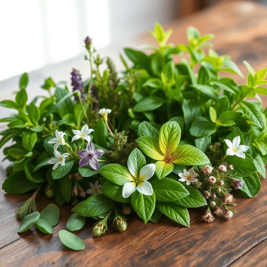 Une table en bois avec diverses plantes médicinales et herbes baignées de douce lumière du soleil, présentant des feuilles vert vif et des fleurs d...