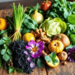 Aliments super frais colorés comprenant de la spiruline, du curcuma, des légumes verts et des fruits disposés sur une table en bois rustique avec u...