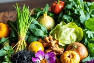 Aliments super frais colorés comprenant de la spiruline, du curcuma, des légumes verts et des fruits disposés sur une table en bois rustique avec u...