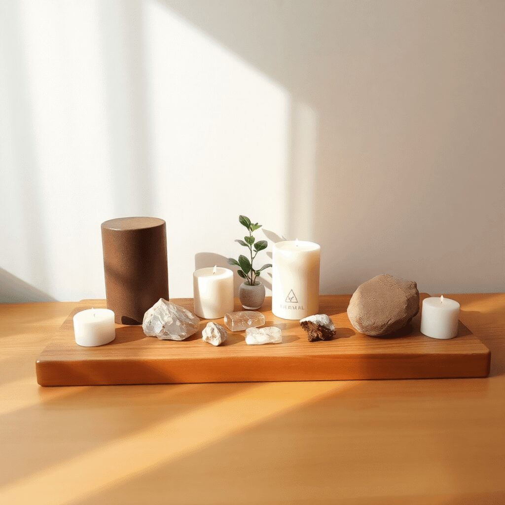 Autel de maison minimaliste avec des bougies, des cristaux et une petite plante sur du bois, baigné dans une douce lumière naturelle, créant une at...